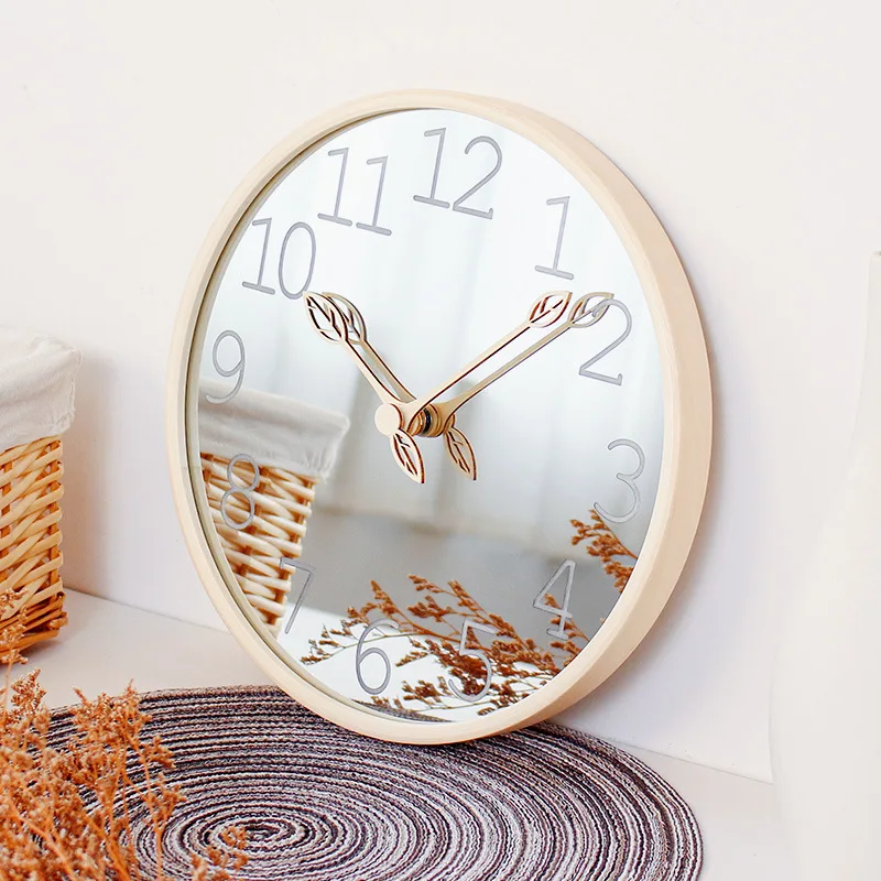 

Simple leaf solid wood mirror wall clock living room mirror clock creative light luxury log decoration