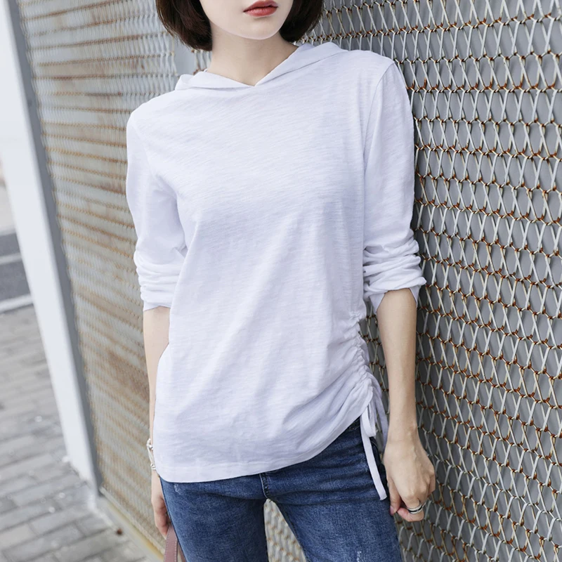 

Bamboo Cotton Hooded Women T-shirts Long-sleeved Solid White Lace Up Lady Slim Casual Outwear Coat Pullovers Tops