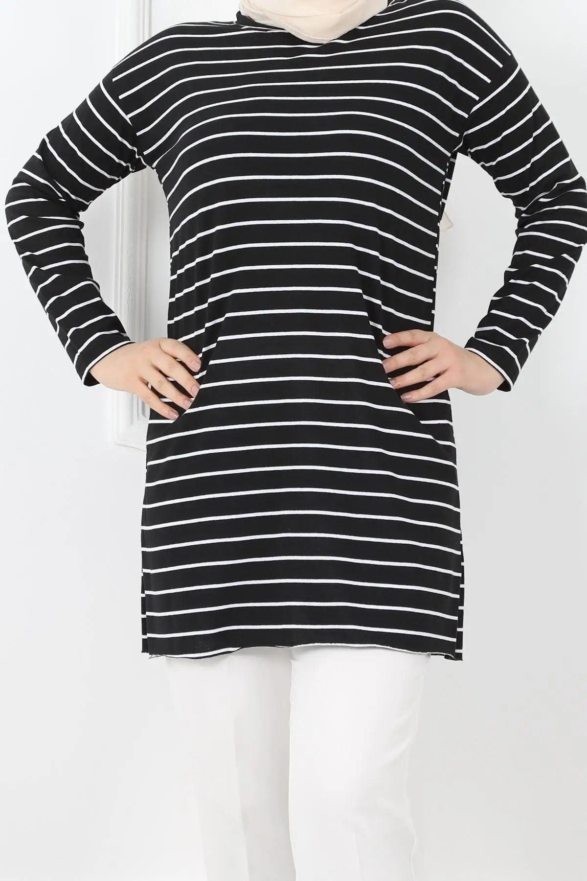 

Women Black Striped Fabric Jersey Tunic Muslim Tunic 2021 Fashion