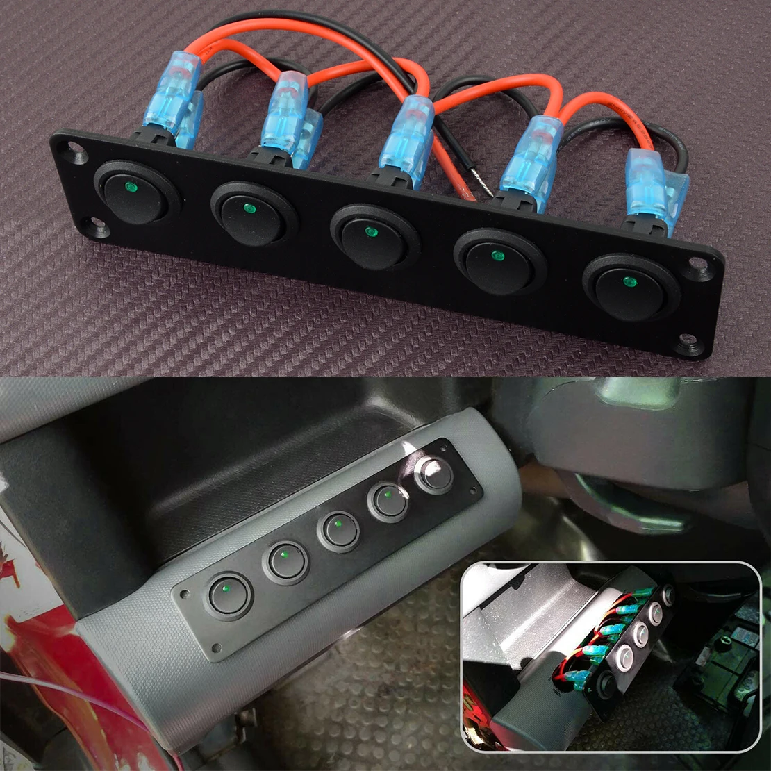 

Car 12V-24V ON-OFF 5 Gang Green Led Center Rocker Toggle Switch Panel for Truck RV Boat Marine Caravan Dash