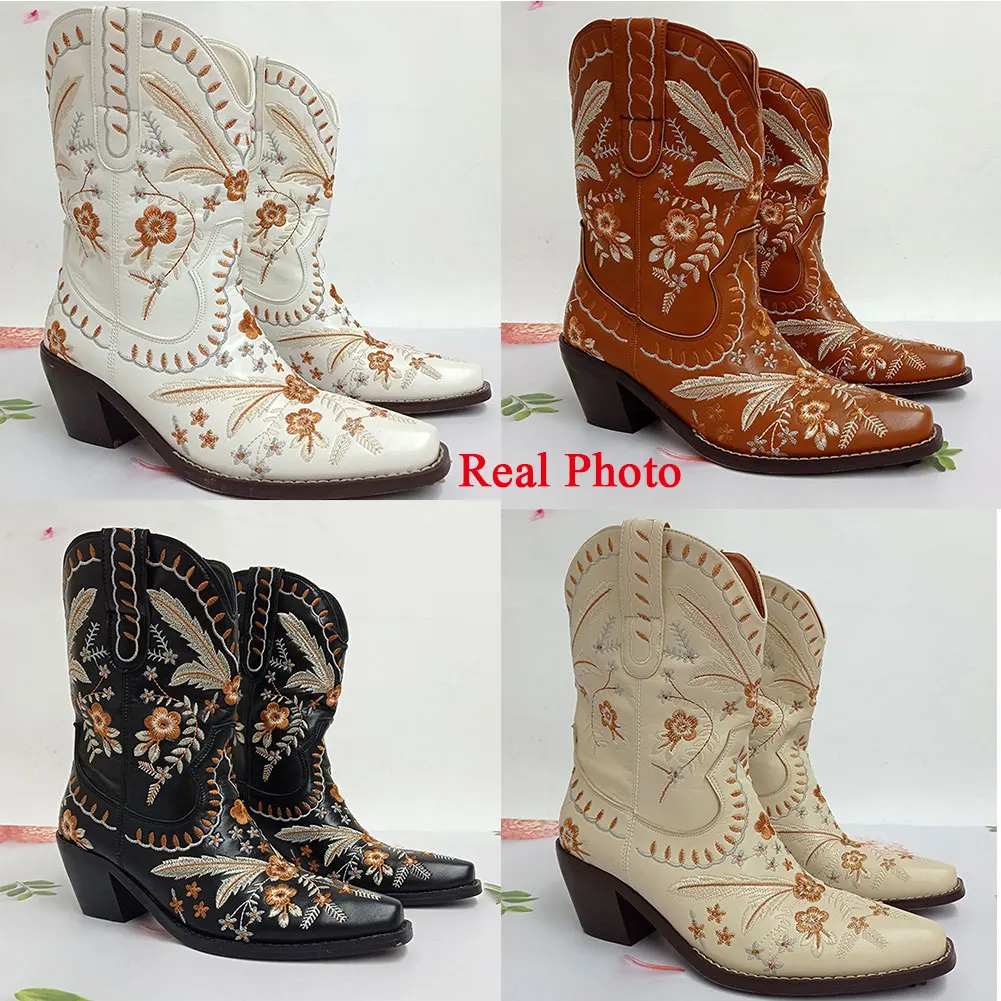Brand New 2022 Spring Autumn Western Boots With Flower Fashion Cowgirl Walking Comfy Woman Ankle Boot Shoes images - 6
