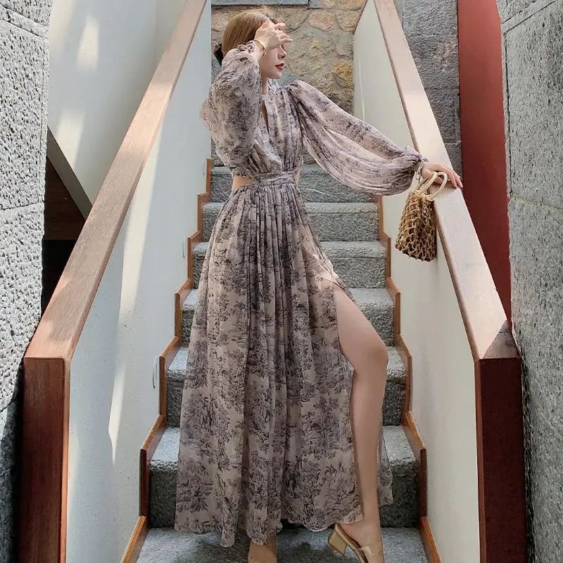 

Seaside Vacation Chiffon Thin Beach Floral Dress Autumn Hollow Out Open Hemline Sexy Dresses Elegant Temperament Women Clothing