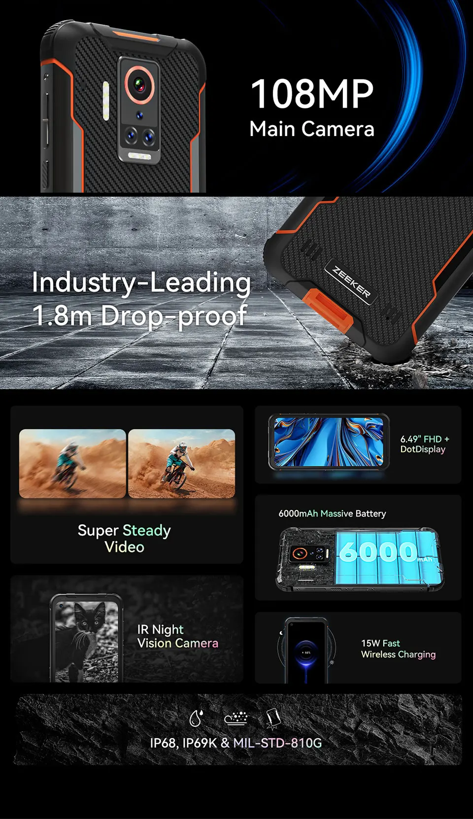 Global version ZEEKER P10 108MP IP69K Waterproof NFC Smartphone android 11 6GB+128GB 6000mAh IR Night Vision 4G Mobile phone