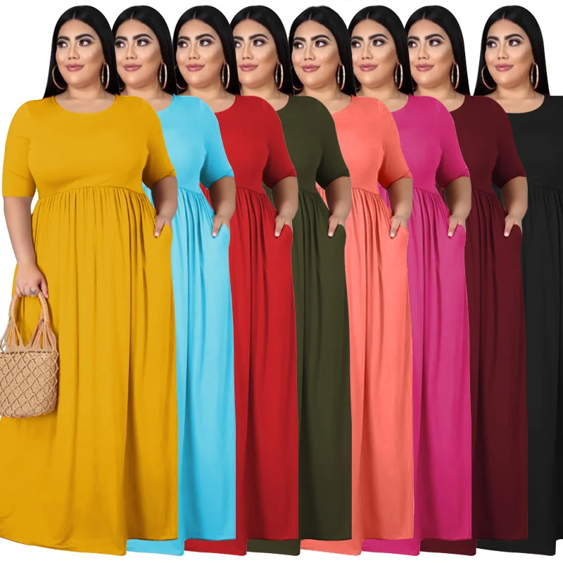 Plus Size Summer Round Collar Women Maxi Dresses Solid Short Sleeves Loose Casual Long Dresses Oversize 4xl 5x 3xl 4xl 5xl 6xl