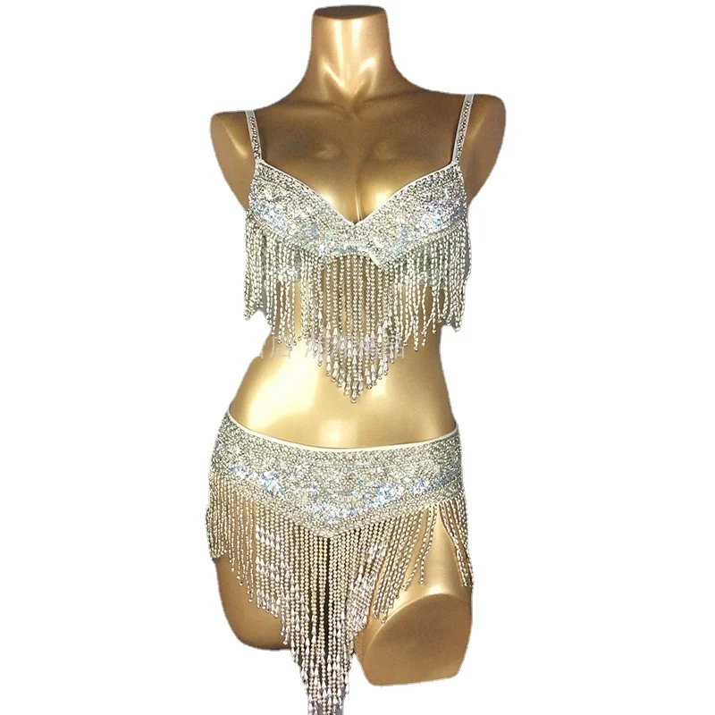 

2023 women Women Beaded Sequins Belly Dancing Suite Belt+Bra Samba Costumes adult dance clothes