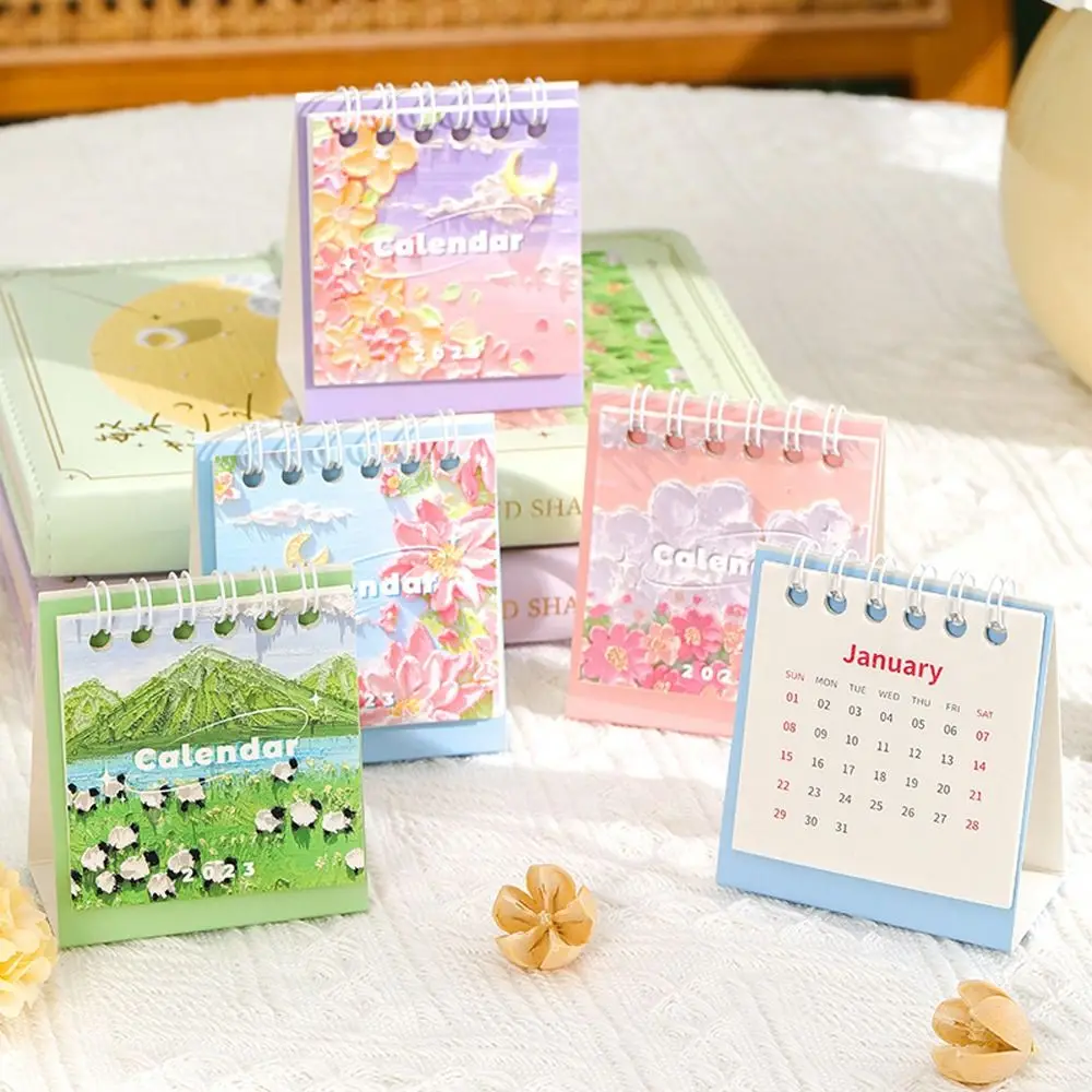 

1 PCS 2022-2023 Mini Calendar Creative Landscape Painting Flower Series Desk Calendar Simple Fashion Flip Calendar