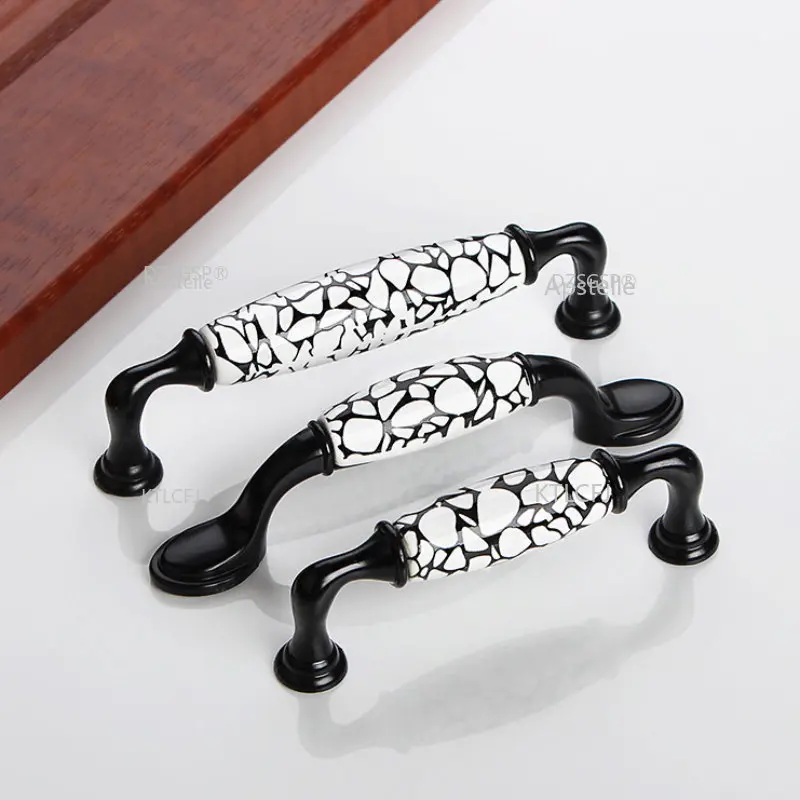 

American Style Marble Ceramic Cabinet Handles Drawer Knobs Furniture Black Emboss Wardrobe Door Handles Hardware Pulls