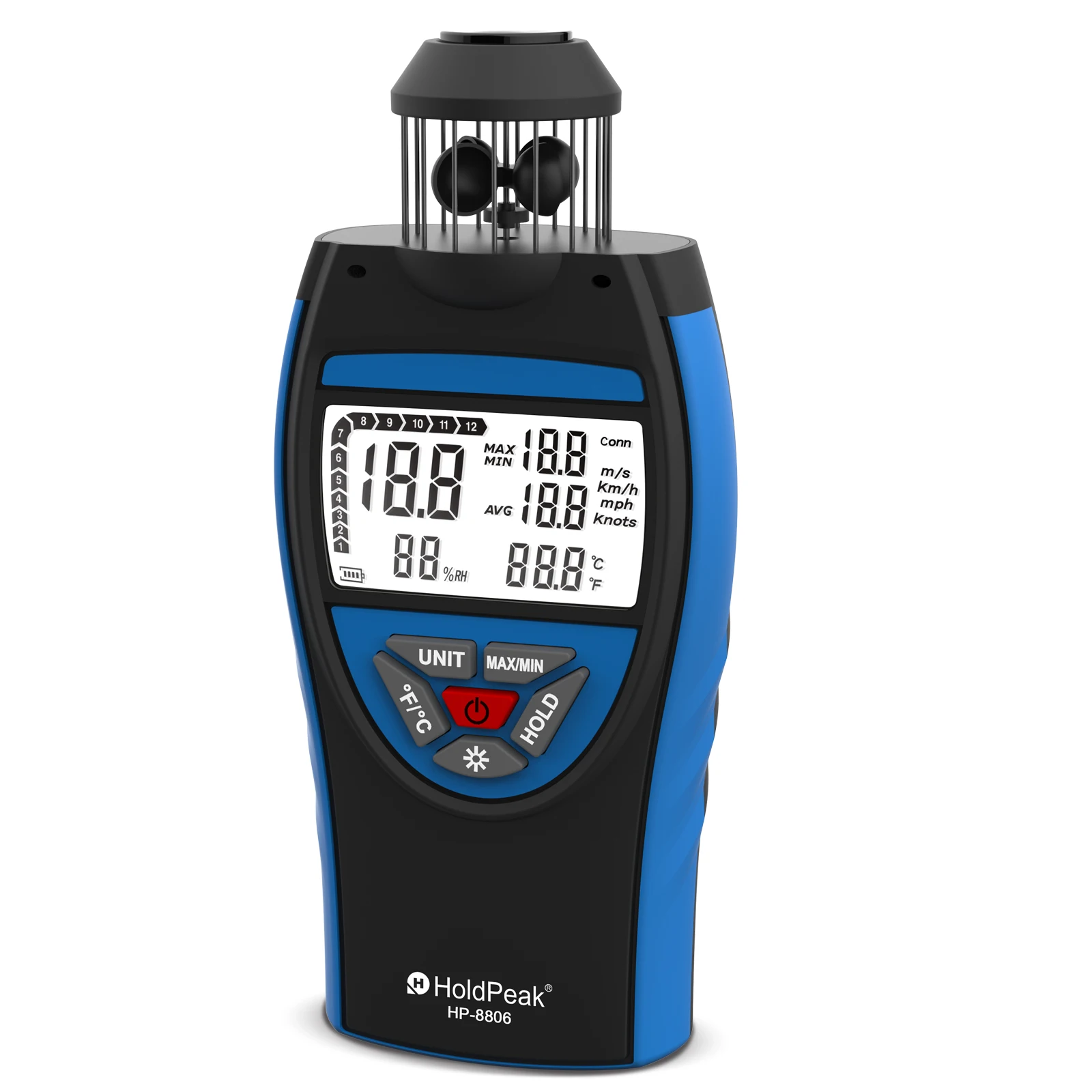 

HoldPeak HP-8806 Wind Cup Anemometer Wind Speed Unit Adjustable Wind Temperature Measuring with Compass LCD Max/Min Data Hold ℃