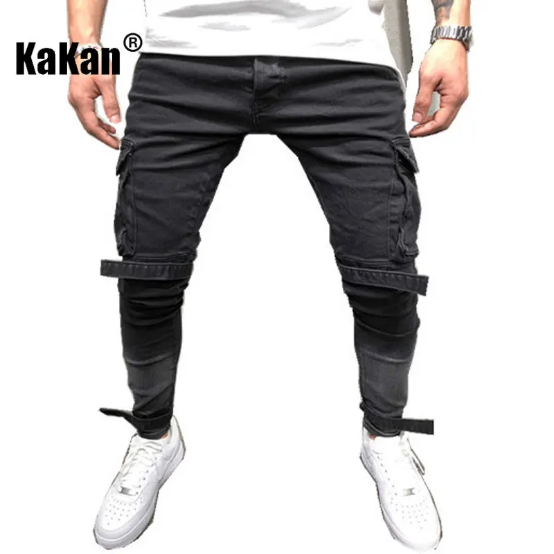 Kakan - New European and American Large Pocket Casual Strap Small Foot Jeans for Men, Black Slim Fit Long Jeans K49-105