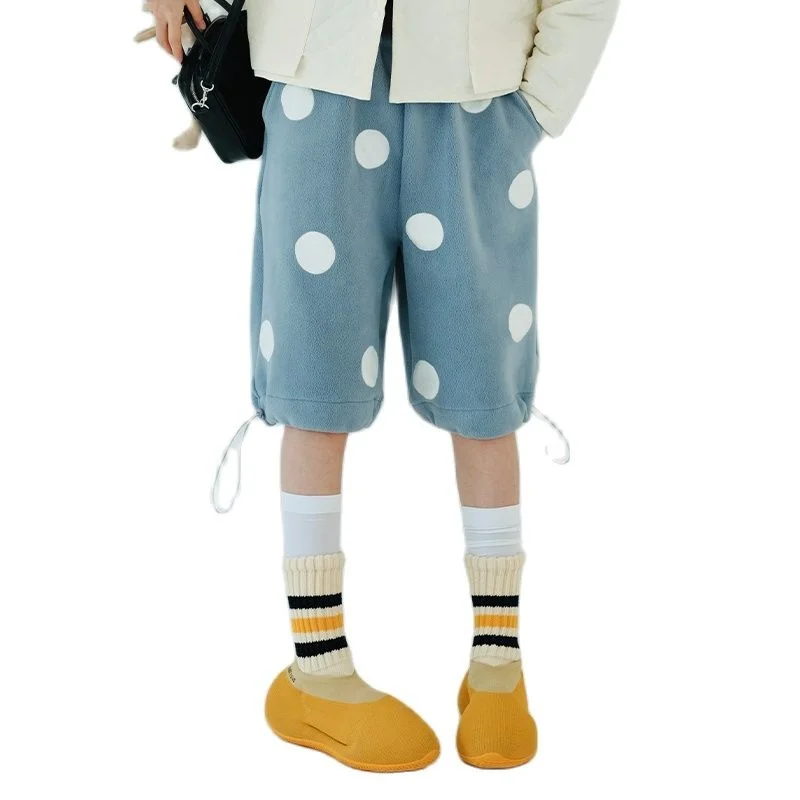 original design of polka point shorts warm autumn and winter fleece elastic waist casual pants for women