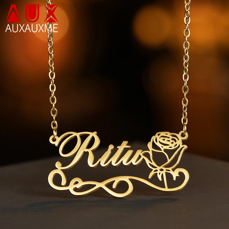 

Ожерелье Auxauxme с именем розы для женщин, колье из нержавеющей стали с табличкой, ювелирные изделия в подарок