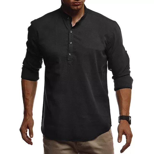 

NEW IN Autumn New Men's Mandarin Collar Linen T shirts Male Solid Color Long Sleeve Linen Cotton T shirt Men Slim Fit Tops t