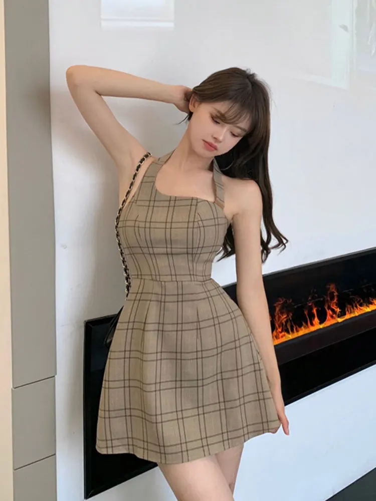 

Платье женское клетчатое с лямкой на шее, простой облегающий мини-сарафан с открытой спиной Вечерние вечерняя одежда без рукавов, на лето
