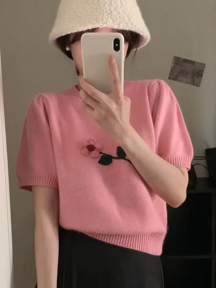 

Sweet Cropped Pullovers for Women Chic Flower Sueter Pull Femme O-neck Puff Sleeve Tunic Knitted Sweater Jumper Y2k Tops