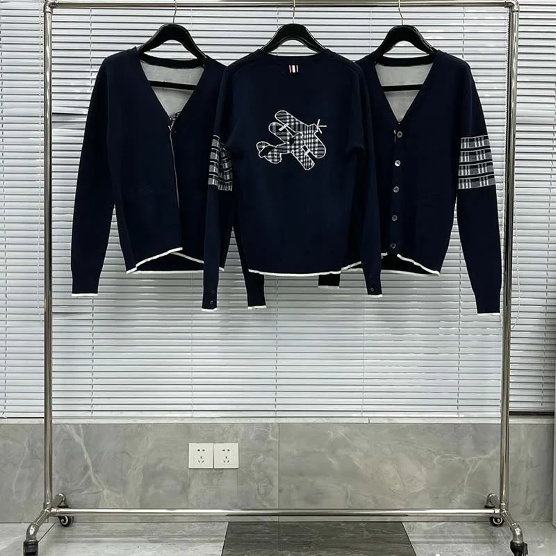 TB THOM Men's Sweater Vintage Dark Blue Back Airplane Printed Chic Sweater Korean Fashion Jumpers Ladies V-neck Cardigan