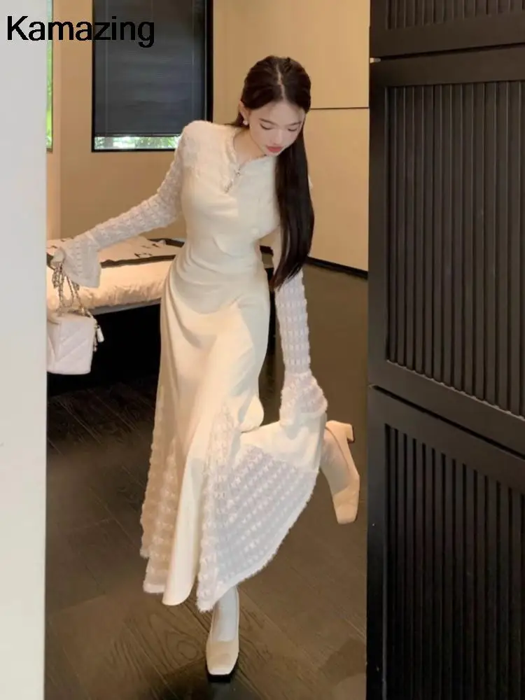 Элегантные кружевные вязаные платья в стиле пэчворк для женщин с расклешенными