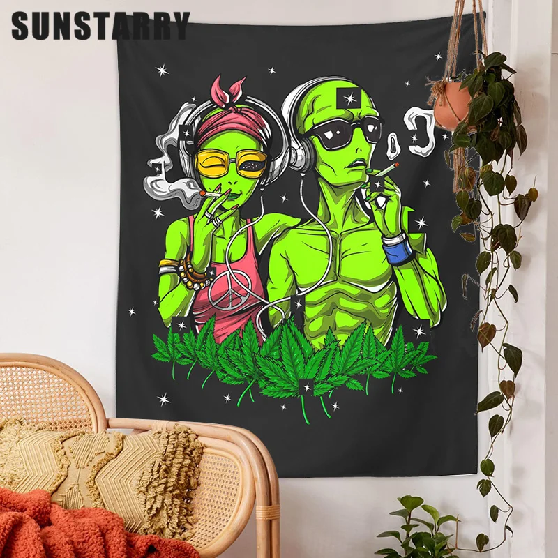 

Psychedelic Alien Tapestry Bohemian Hemp Leaves Hippie Art Wall Hanging Living Room Home Cartoon Dormitory Decoration