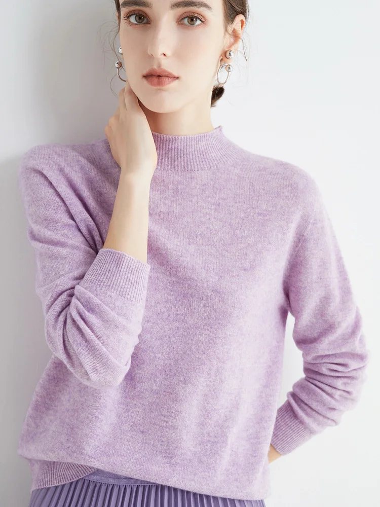 

New Autumn Winter 100% Pure Merino Wool Pullover Sweater Half High Collar Cashmere Knitwear Women Clothing Basic Top