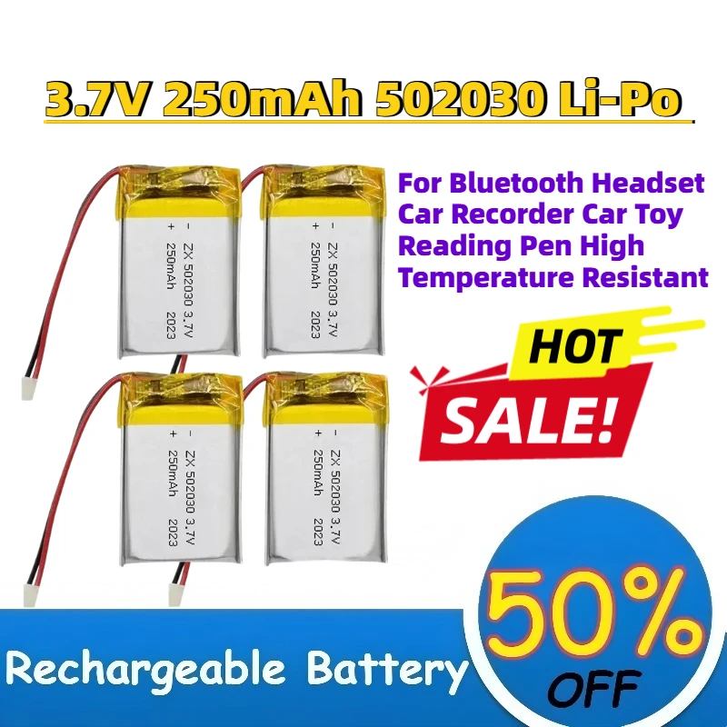 Фото Литий-полимерный аккумулятор 3.7V 250mAh 502030 для Bluetooth-гарнитур, автомобильных видеорегистраторов, игрушек, ручек для чтения, устойчивый к высоким температурам №1