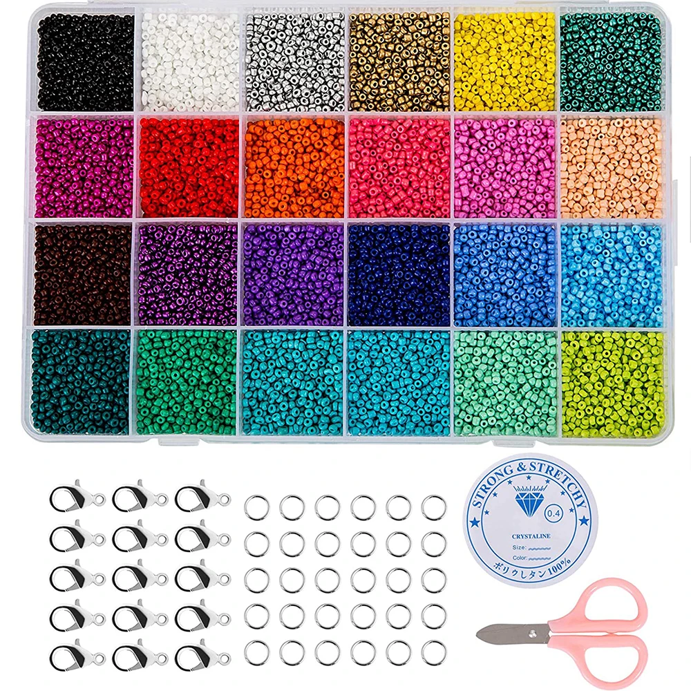 

2mm Glass Seed Beads Box Set Lobster Clasps Beading Cord DIY Jewelry Making Kit for Bracelet Necklace Making Craft Kit