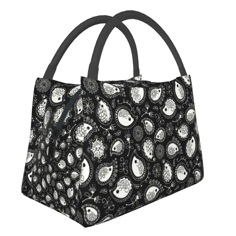 

Hedgehog Paisley Insulated Lunch Bags for Women Resuable Hedgehogs Cashmere Black And White Thermal Cooler Bento Box Work Picnic