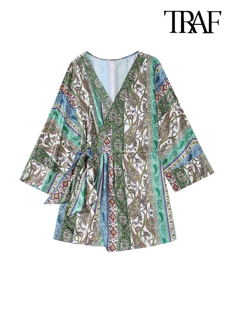 

TRAF Women Fashion Patchwork Printed Tied Wrap Playsuits Vintage Three Quarter Sleeve Elastic Waist Female Jumpsuits Mujer