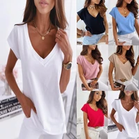 2022 summer popular solid color short sleeved v neck simple t shirt top loose and comfortable casual womens clothing