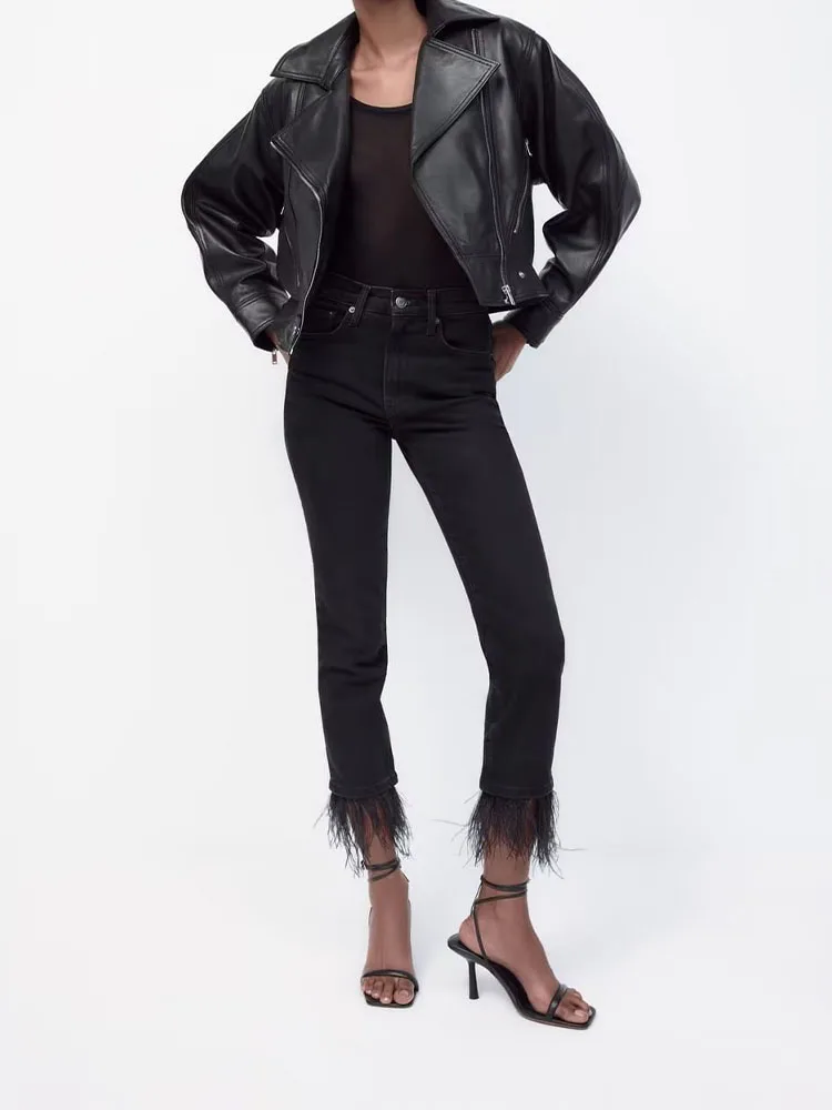 

Spring and summer new European and American wind 2023 fashion versatile Riley thin pocket black tassel pants