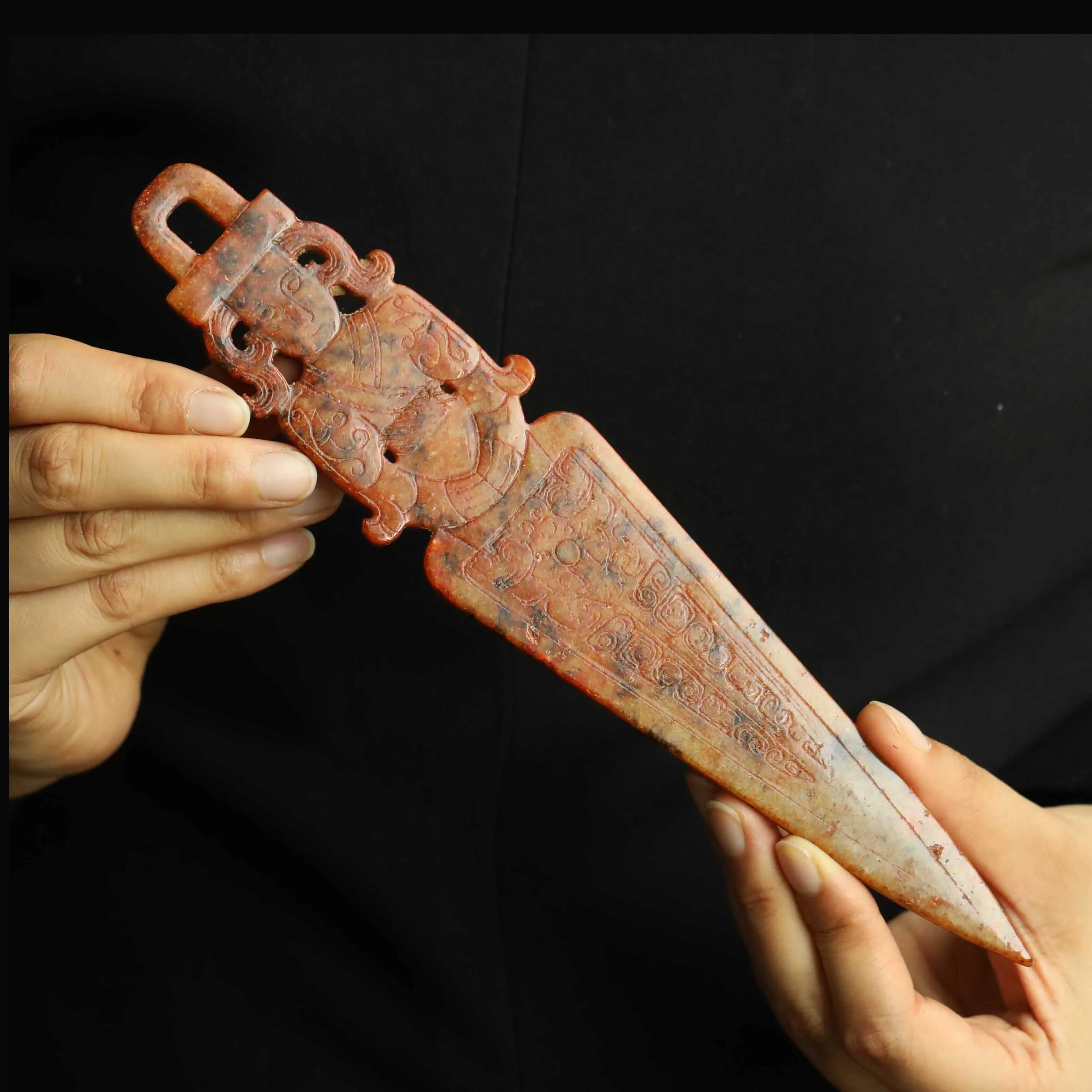 

Old China Natural hetian Jade Hand Carved statue dragon axe sword pendant z
