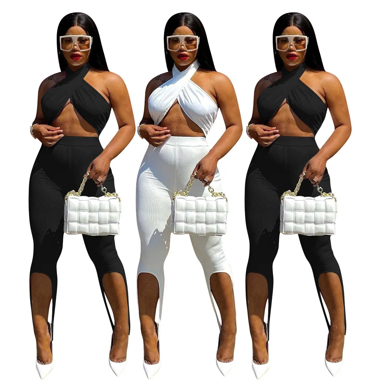 

2022 Spring Hot New Ribbed 2 Piece Set Crop Top + Bodycon High Slit Leggings Party Nightclub Outfits Bulk Item In Wholesale Lots