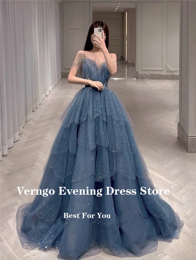 Verngo-falda de tul azul polvoriento para mujer, vestido de noche largo con lentejuelas, tirantes finos, escote Corazón, flores 3D, 2021