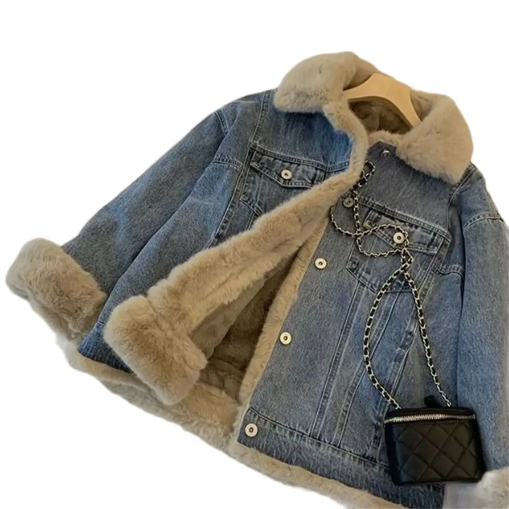

Lamb Wool Denim Jacket Women's Plus Velvet Thick Furry Casual BF Padded Loose Winter Cowgirls Coat Warm Outerwear Thick Tops