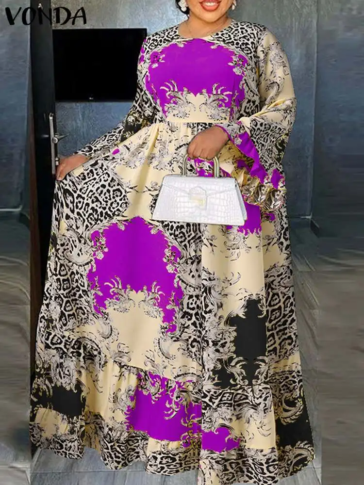 

Summer Dress 2022 VONDA Women Long Sleeve Pleated Party Dress Beach Vintage Printed Holiday Maxi Sundress Casual Vestido