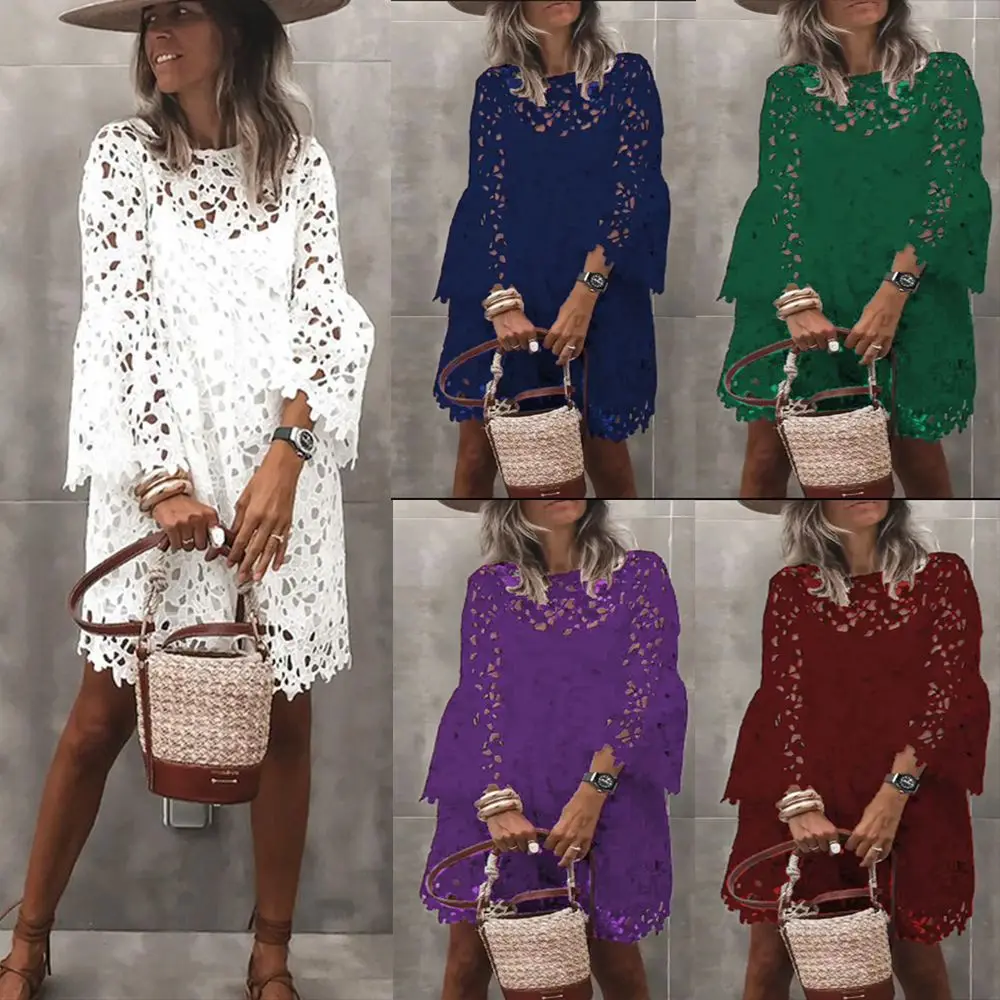 

Long Sleeve Hollow Out O Neck Lace Mini Dresses 2022 Spring Autumn A Line Vintage Women Short Dress Ladies Casual Dress Oversize