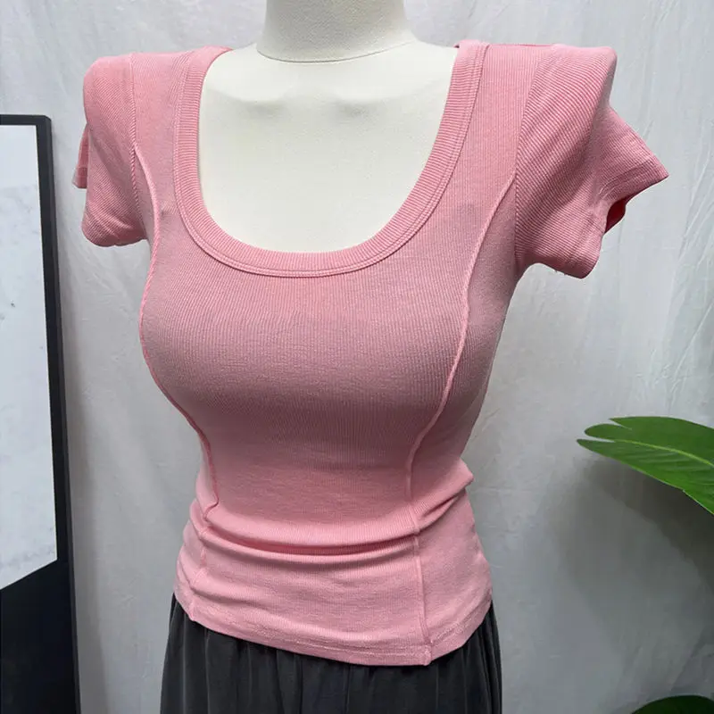 

Fashion Tight Short Sleeve T-shirt Women Summer Slim Fishbone Korean Design Spice Girls Shoulder Square Collar Clothes Tees Tops