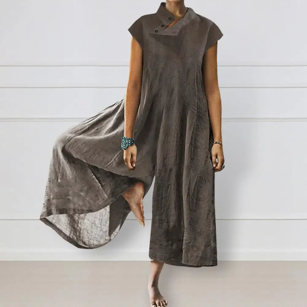 Beautiful Lady Summer Jumpsuit Loose Deep Crotch Soft Lady Summer Jumpsuit  Mid-calf Length Jumpsuit Women Garment