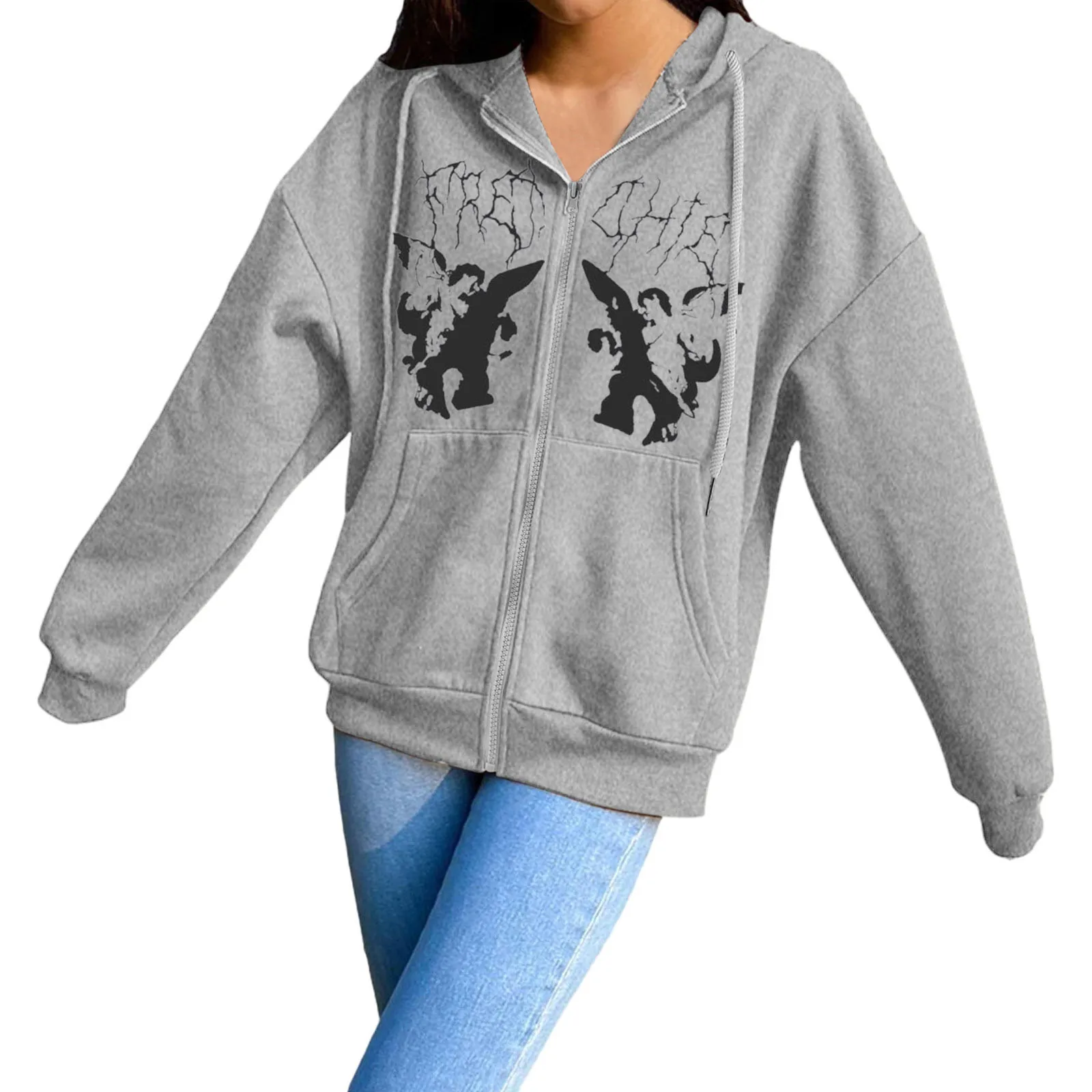 Женская толстовка с капюшоном и принтом черепа на молнии |