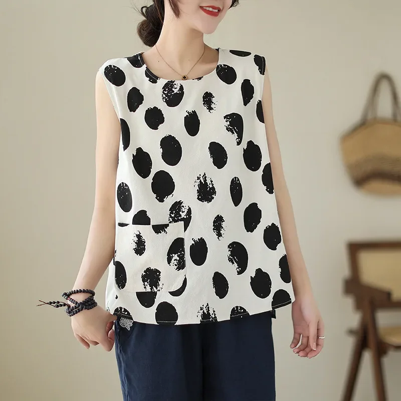 Лето 2023 новая винтажная художественная универсальная футболка в горошек из