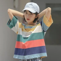 ins summer 2020 harajuku cute crop rainbow stripes women t shirts top girls student half sleeve tee shirt pink loose o neck tops