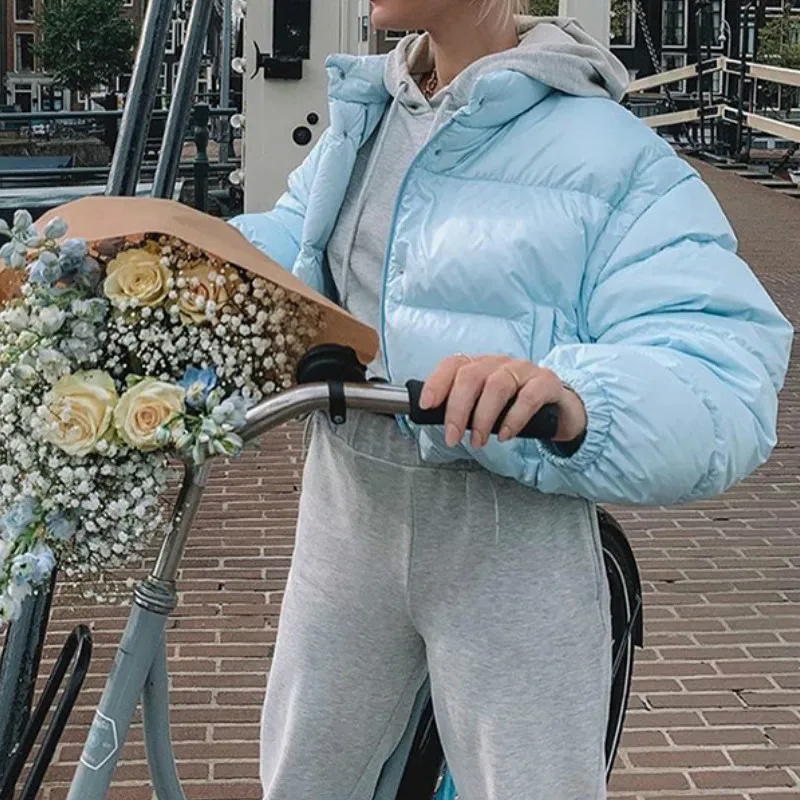 Blue Parkas Fashion Fall Winter Warm Cotton Coat Puffer Jacket and Coats Women Christmas Bubble Cropped Outerwear Warm Clothing