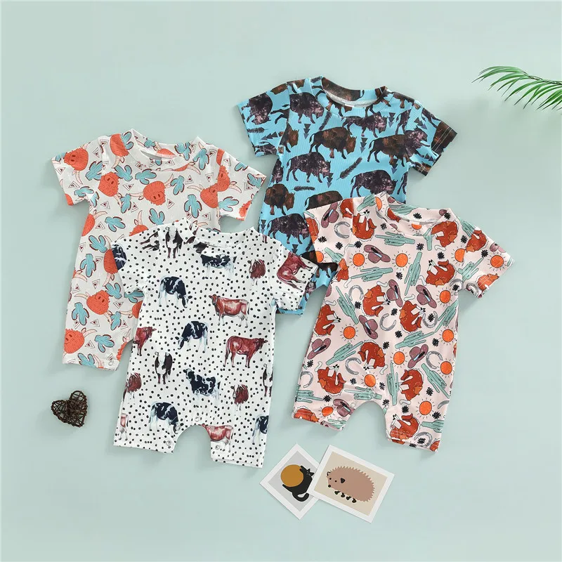 

Newborn Baby Casual Romper Dots Animal Print Round Neck Short Sleeve Playsuit Summer Outfit for Boys Girls 0-18 Months