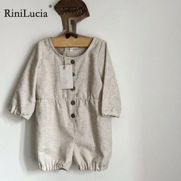 

RiniLucia 2023 New Autumn Newborn Infant Baby Cotton linen O-neck Rompers Kids One Piece Single Breasted Fashion Baby Clothing