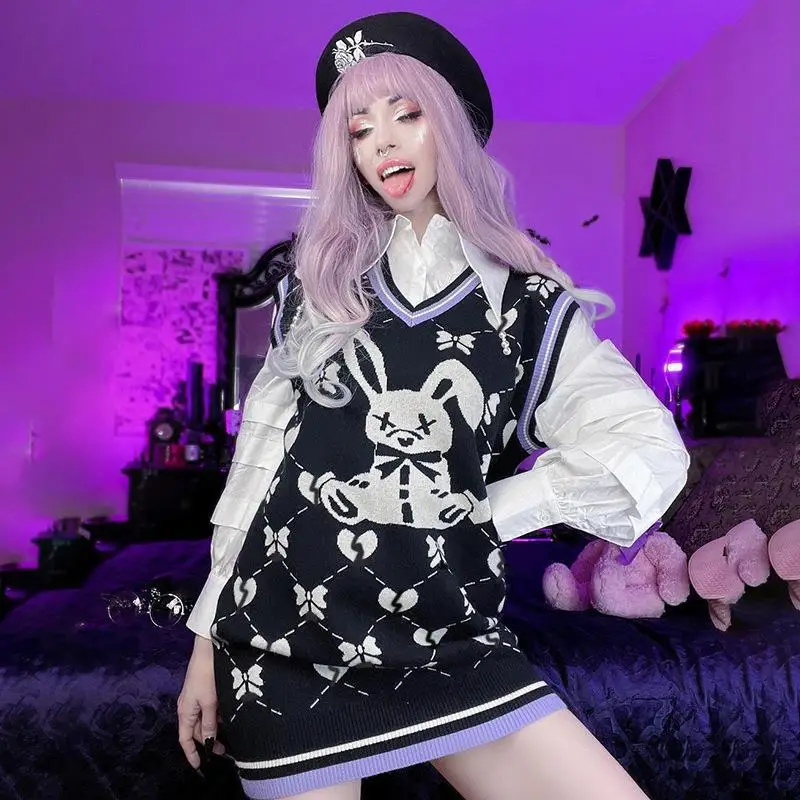 Женское трикотажное пальто Y2K шерстяной жилет с V-образным вырезом и юбкой