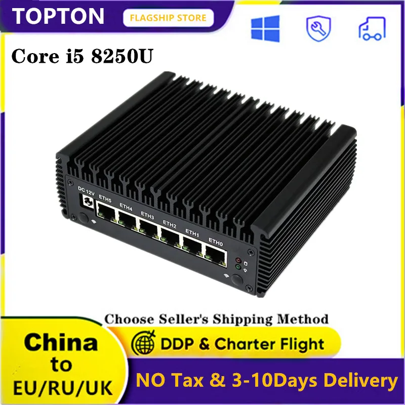 

Topton 6LAN Fanless Mini PC Intel i5 8250U Quad Core, 6 Intel i211AT Nic, AES-NI, RJ45 COM, pfSense Firewall Router Linux Server