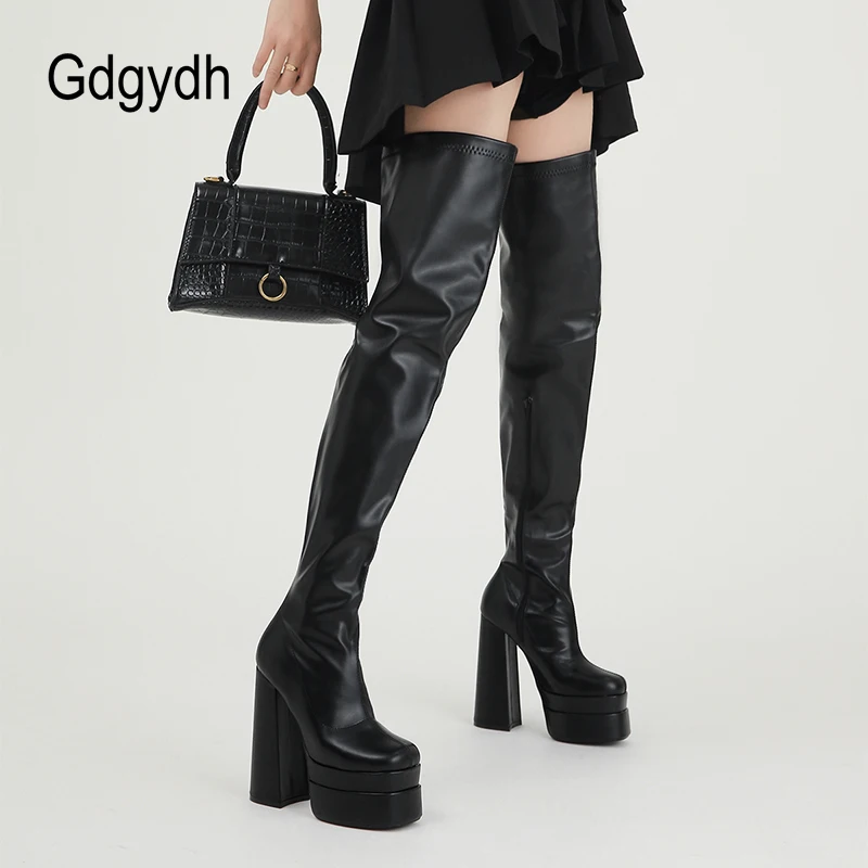 

Gdgydh Platform Chunky Heel Over The Knee High Boots with Zipper Square Toe Faux Patent Leather Thigh High Boots for Women