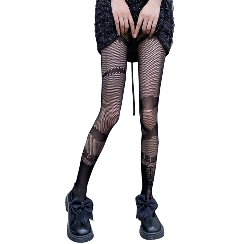 

Women Sheer Fishnet Mesh Pantyhose Harajuku Anime Gothic Punk Asymmetrical Jacquard Tights Bottoming Leggings Stockings