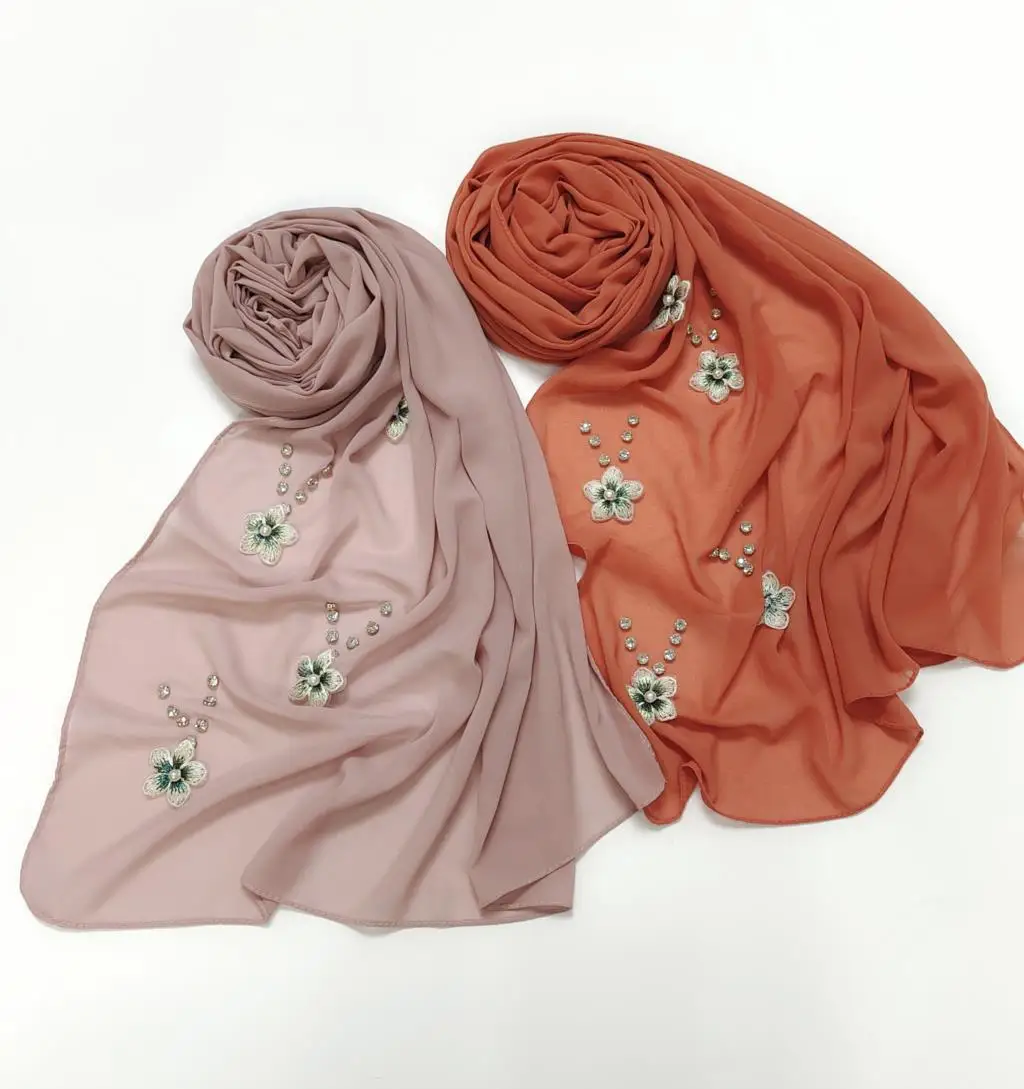 

20pcs/lot Diamond Flower Chiffon Hijab Plain Women Solid Scarf Islamic Pearl Shawls Wraps Headband Headscarf Foulard