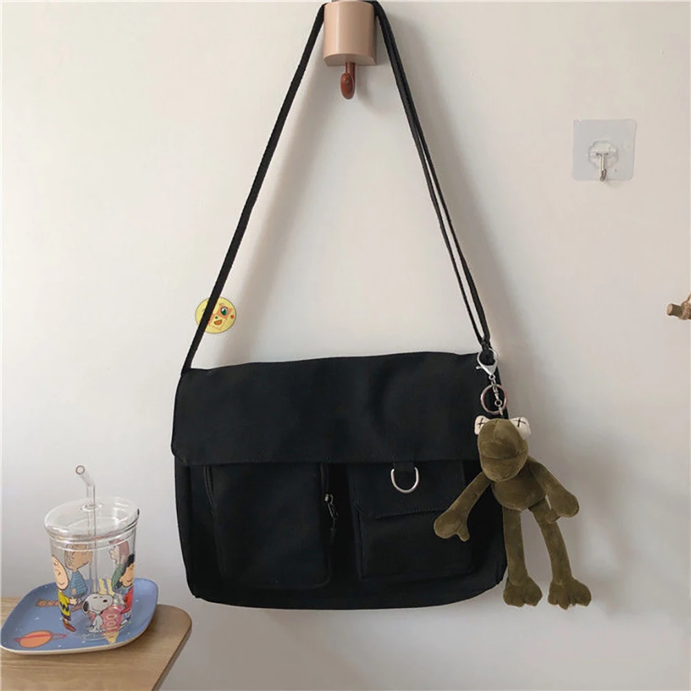 Xiaomi Canvas Diagonal Cross Bag Youth Casual Shoulder Bag Large Capacity Messenger Bag Solid Color Women's Handbag with Pendant