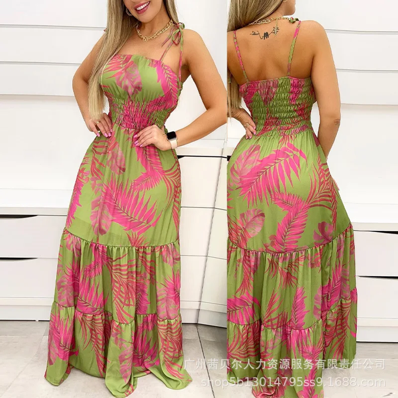 

Mandylandy Women Summer Bohemian Vacation Long Dress Fashion Female Y2K Strap High Waist Corset Halter Ruffle Dress Streetwear
