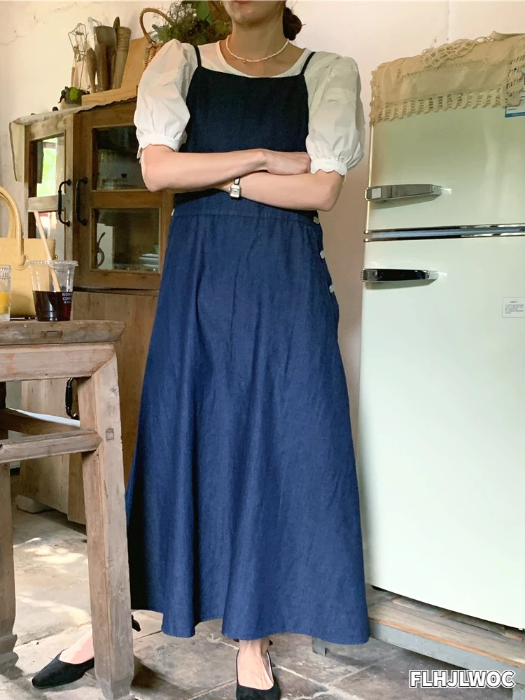 

Hot Sales Date Outfits Cute Womens Girls French Chic Sleevelesss Spaghetti Strap Vintage Long Denim Jeans Blue Brace Shirt Dress